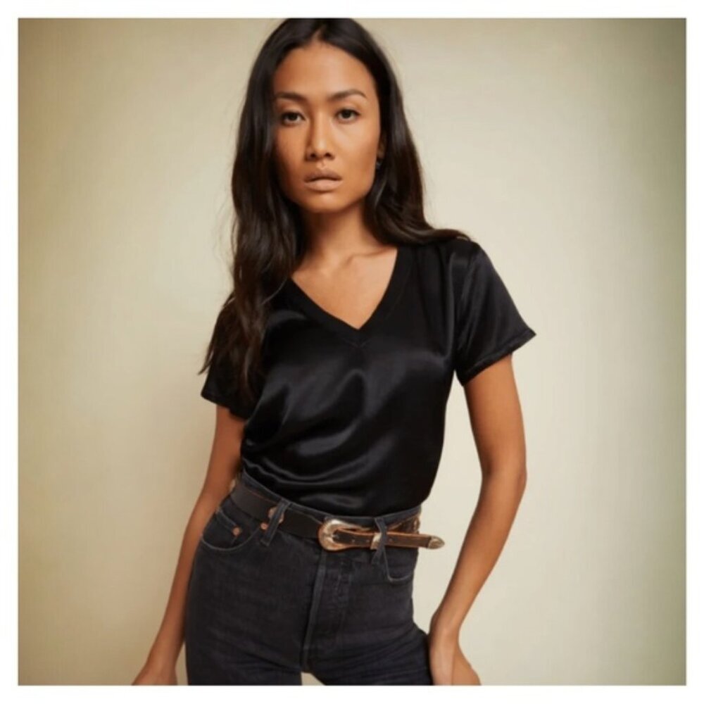 NATION LTD • June Sateen V-Neck Tee in Black